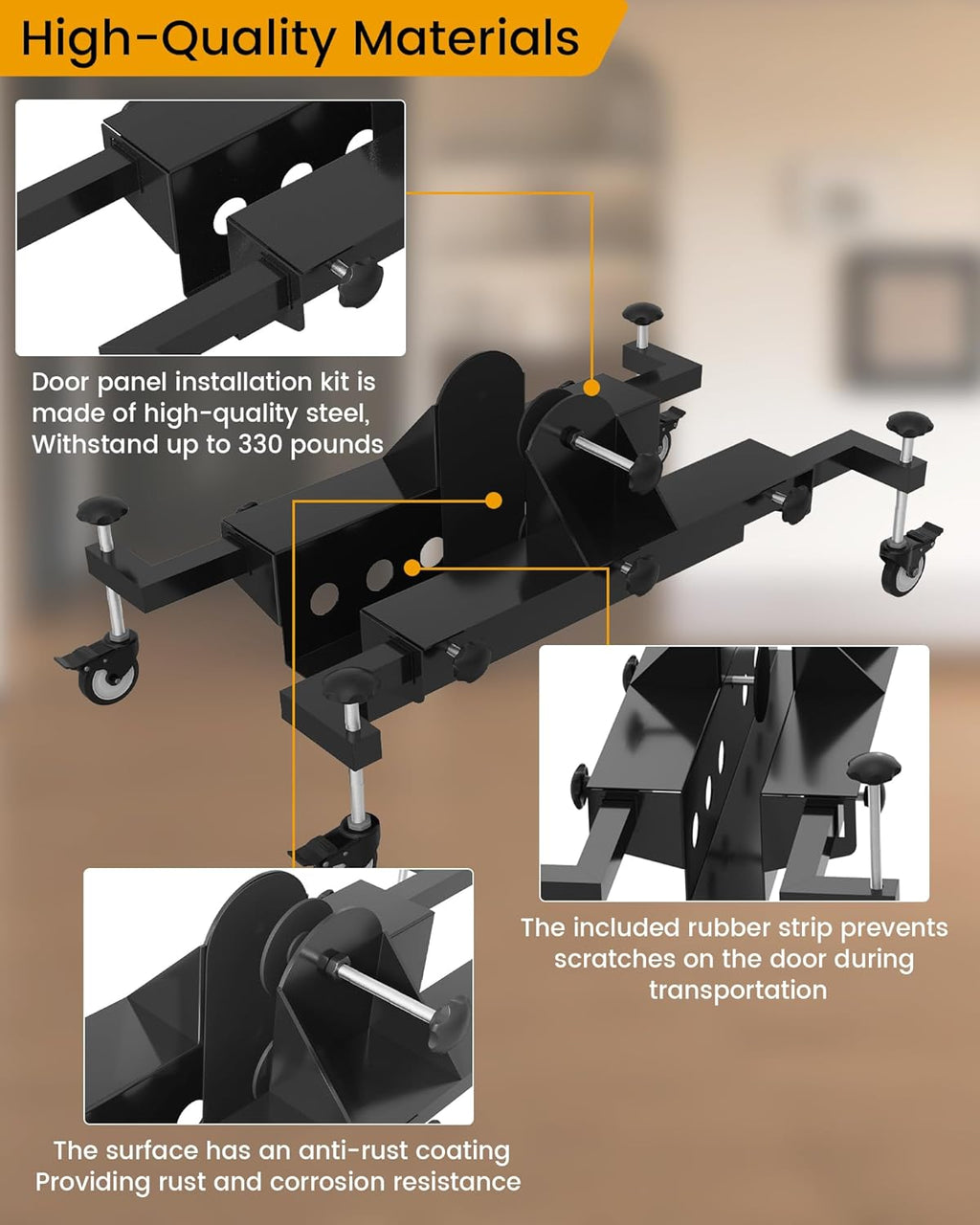 Dispositif monobloc destiné à la pose de portes, idéal destiné à une seule personne. Chariot de pose destiné à portes pré-montées d'une épaisseur maximale de 6,35 cm (2,5 pouces). Capacité de charge : 90 kg (200 lb).