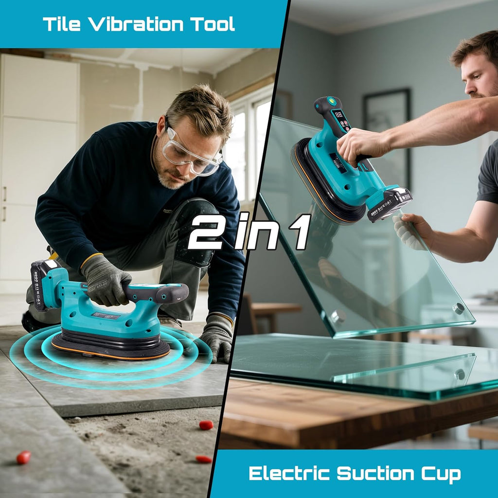 SEESII Dispositif de vibration destiné à carrelage 2 en 1 et ventouse électrique 285 mm – 12 vitesses, 10 heures d'autonomie, convient aux carreaux de 12×12 po à 89×89 po, puissance d'aspiration de 250 kg/550 lb