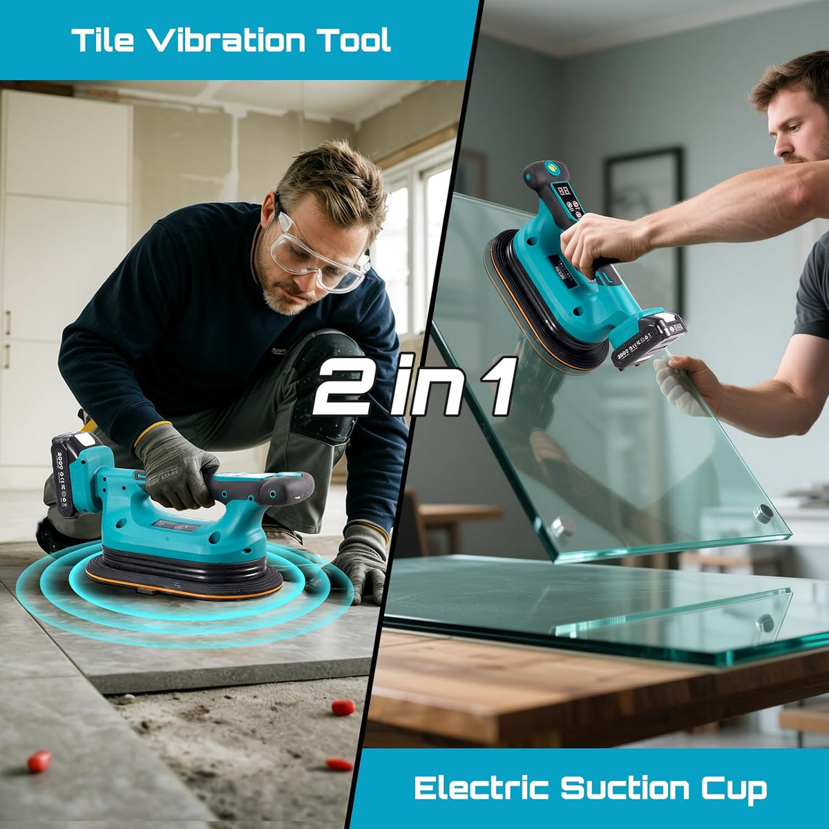 SEESII Dispositif de vibration destiné à carrelage 2 en 1 et ventouse électrique 285 mm – 12 vitesses, 10 heures d'autonomie, convient aux carreaux de 12×12 po à 89×89 po, puissance d'aspiration de 250 kg/550 lb