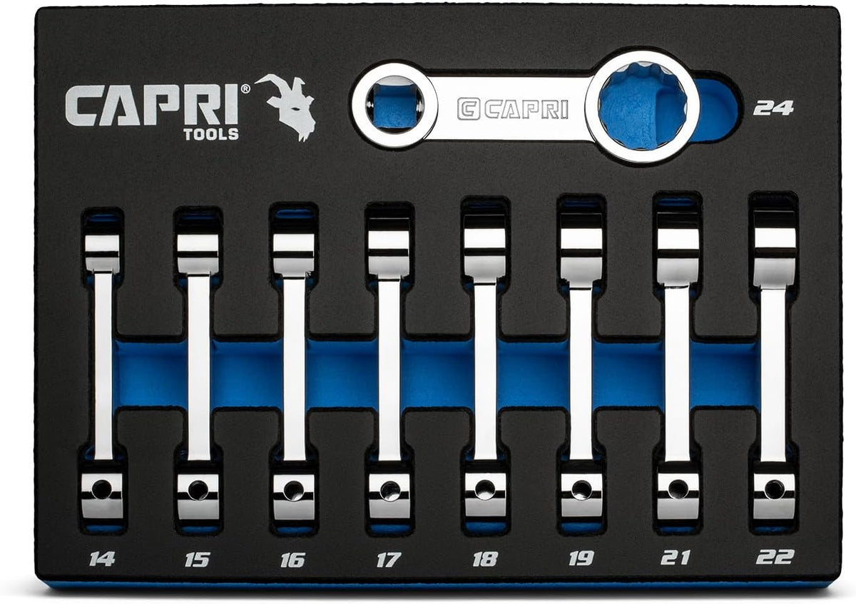 Jeu d'adaptateurs de couple Capri Tools 1/2 po, douille à 12 pans, 14 à 24 mm, métrique, 9 pièces doté de plateau de rangement