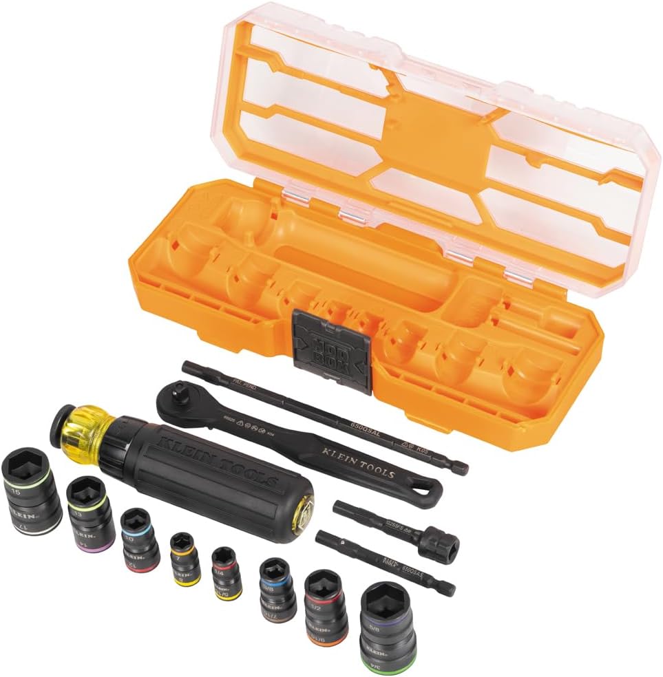 Ensemble de douilles à impact Klein Tools 65242 KNECT, jeu de tournevis à cliquet, entraînement 1/4", 4 douilles SAE et 4 douilles métriques réversibles, 16 tailles hexagonales, adaptateurs, coffret MODbox