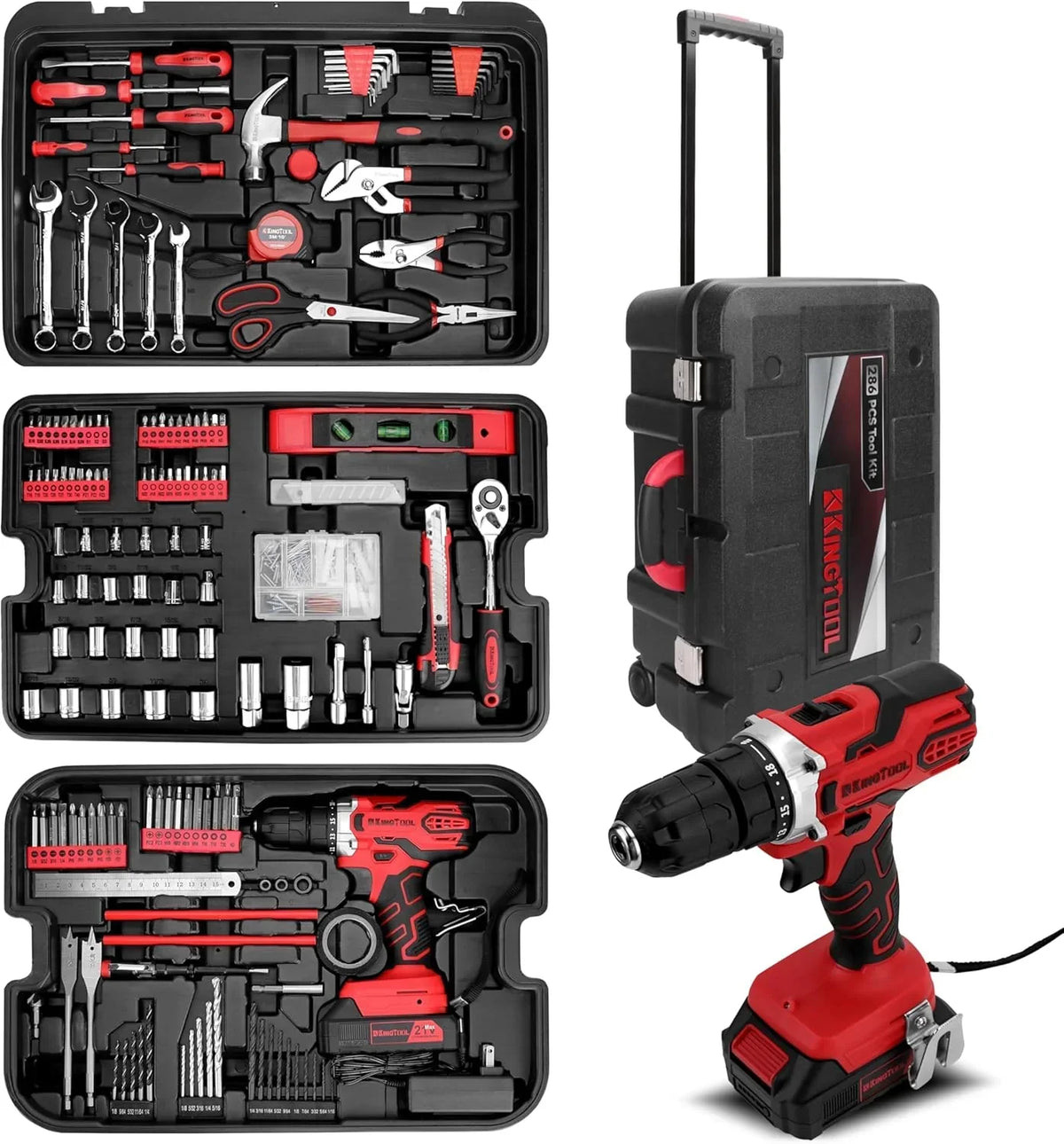 Coffret d'outils pour la maison - 286 pièces, coffret d'outils de réparation automobile avec coffret à outils à roulettes, ensemble d'outils de mécanicien avec perceuse sans fil 21 V Max, idéal pour les particuliers, les bricoleurs et les hommes à to