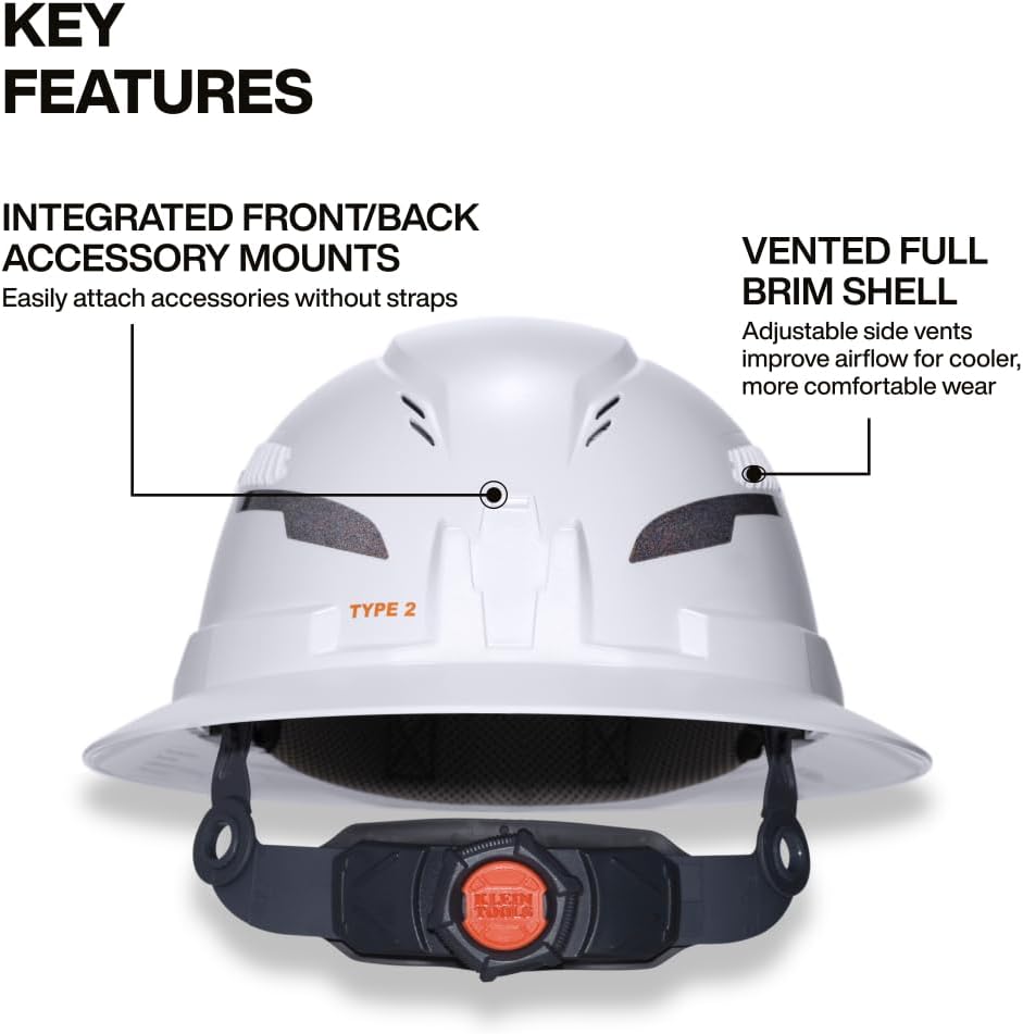 Casque de chantier Klein Tools 60407T2RL de type 2, à large bord ventilé, classe C, doté de jugulaire, suspension à 6 points doté de fixations destiné à accessoires, rembourrage lavable et lampe frontale rechargeable.