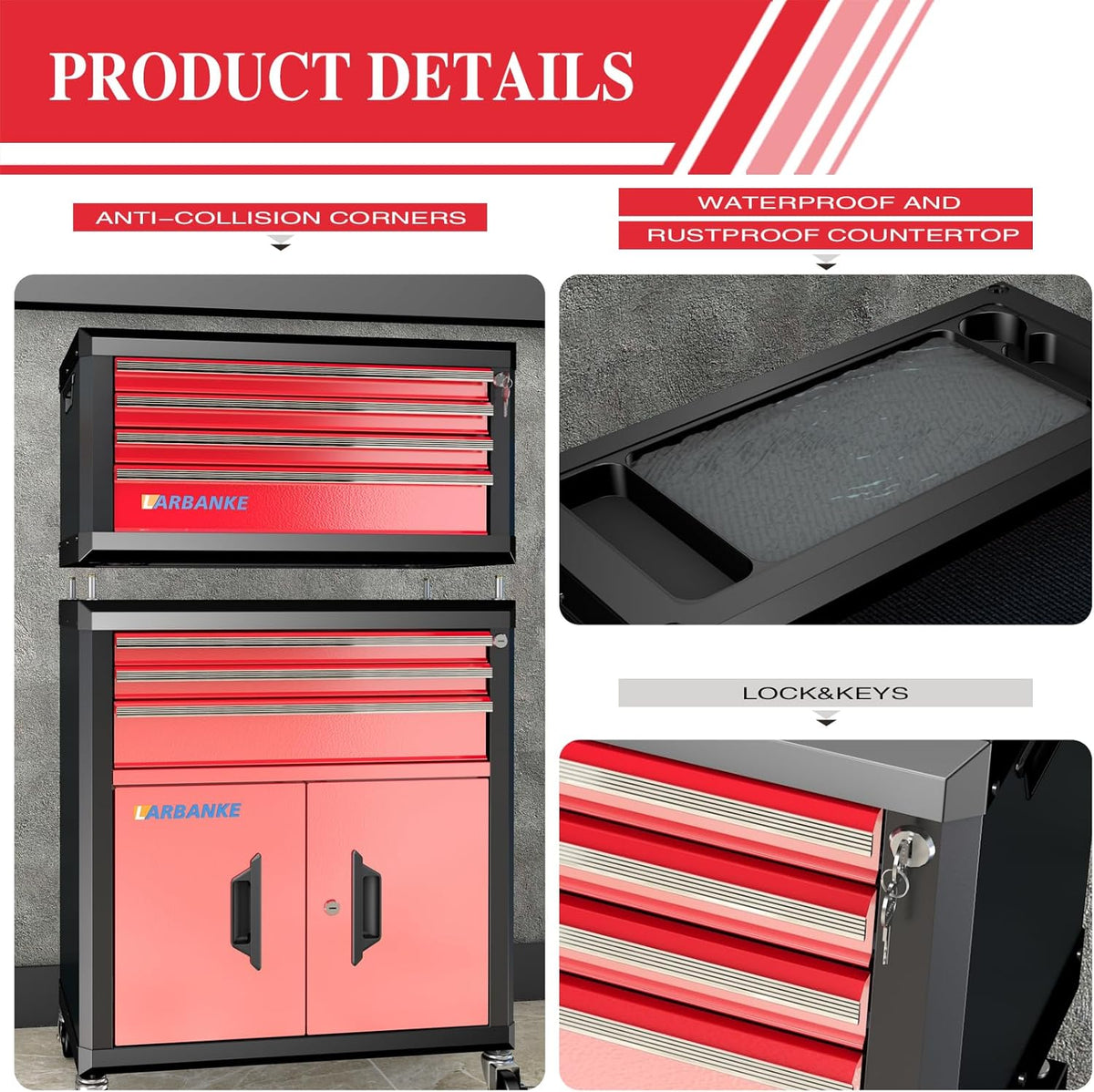 Coffre à outils LARBANKE à 4 tiroirs, coffre à outils portable avec serrure et clés, plateau étanche et antirouille, coins anti-collision, barres de connexion spéciales pour l'empilage avec un coffre à outils à 5 ou 7 tiroirs. – Pratique