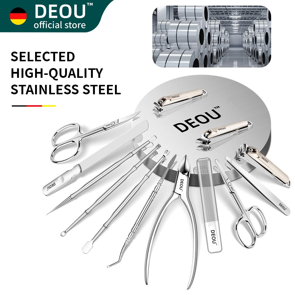 DEOU Ensemble de manucure pour usage professionnel 13 pièces destiné à femmes, en acier inoxydable, doté de trousse de voyage portable de luxe (cadeau).
