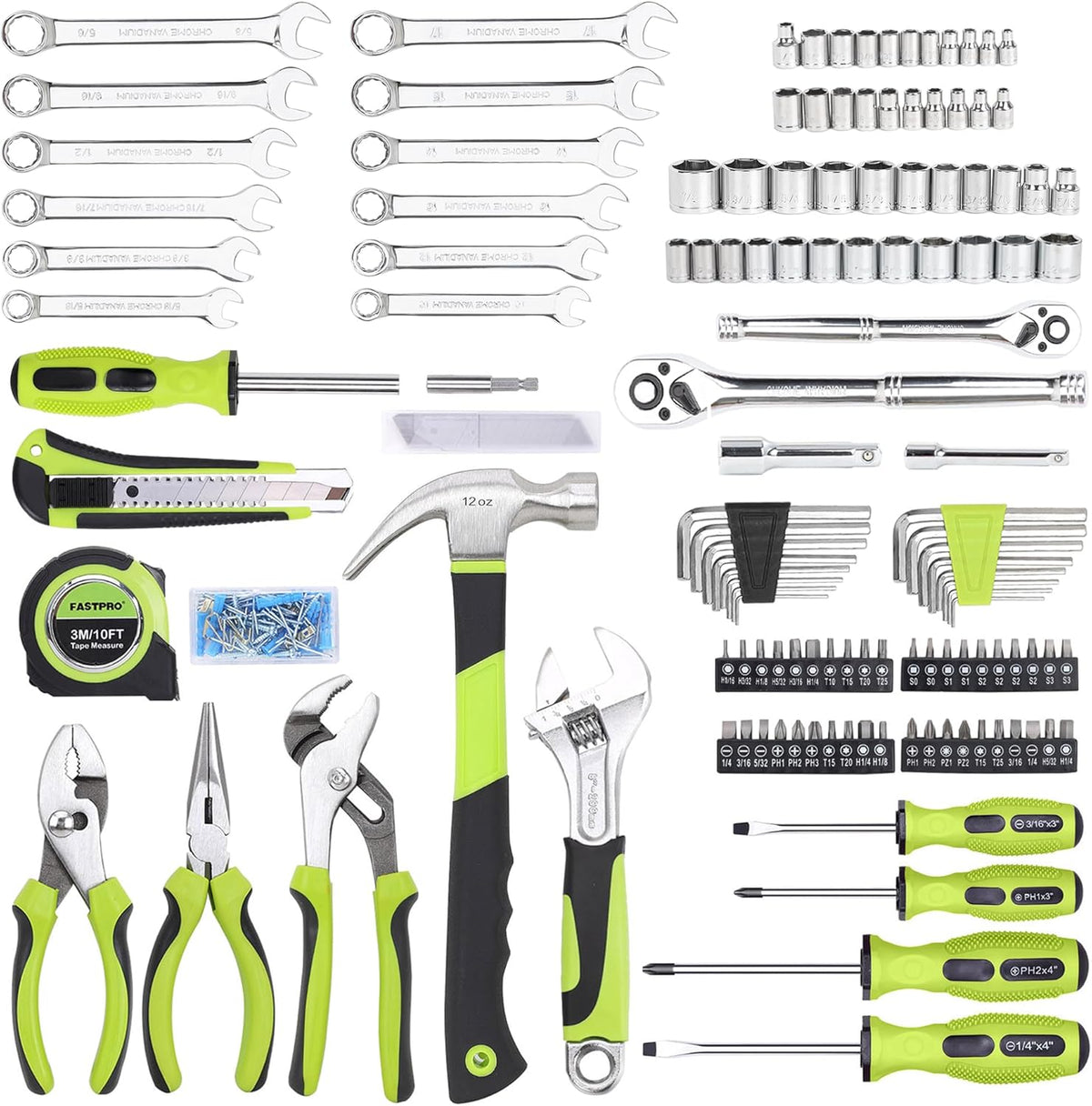 Ensemble d'équipements FASTPRO 225 pièces destiné à la maison et l'automobile, comprenant une boîte à équipements et des équipements à main destiné à mécaniciens (mesures SAE et métriques). Idéal destiné à le bricolage, l'entretien de la maison...