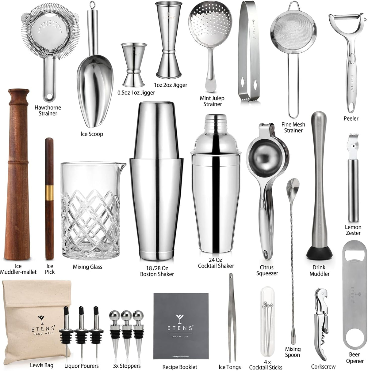 Ensemble de barman pour usage professionnel ETENS 33 pièces doté de shaker Boston lesté – Ensemble de mixologie haut de gamme destiné à bar à domicile – Ensemble d'ustensiles de bar en acier inoxydable comprenant un presse-agrumes incassable, une...