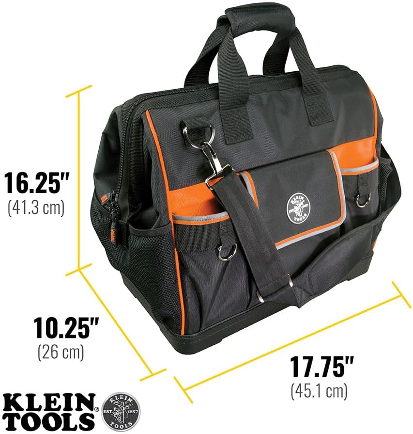 Sac à équipements Klein Tools 55469 Tradesman Pro à grande ouverture, en tissu balistique 1680, doté de fond moulé et bandoulière amovible.