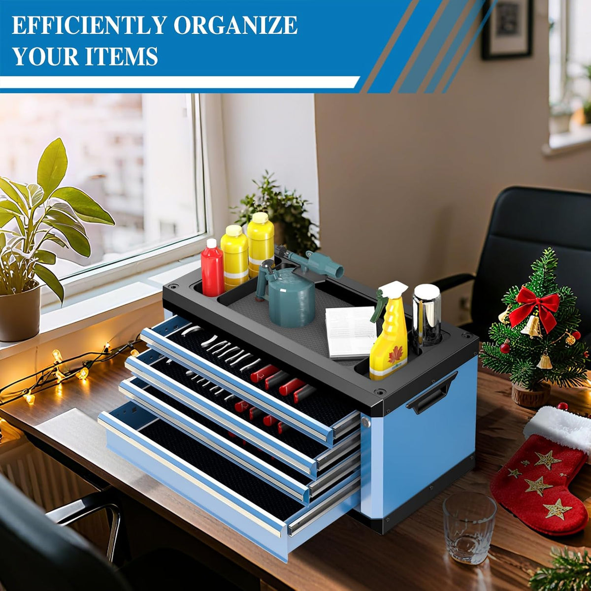 Coffre à outils pratiques à 4 tiroirs avec serrure et clés, coffre à outils portable avec plateau multifonctionnel, tapis de tiroir et trous de fixation, empilable avec les coffres à outils à 5 et 7 tiroirs de la même série pour en créer un plus gran