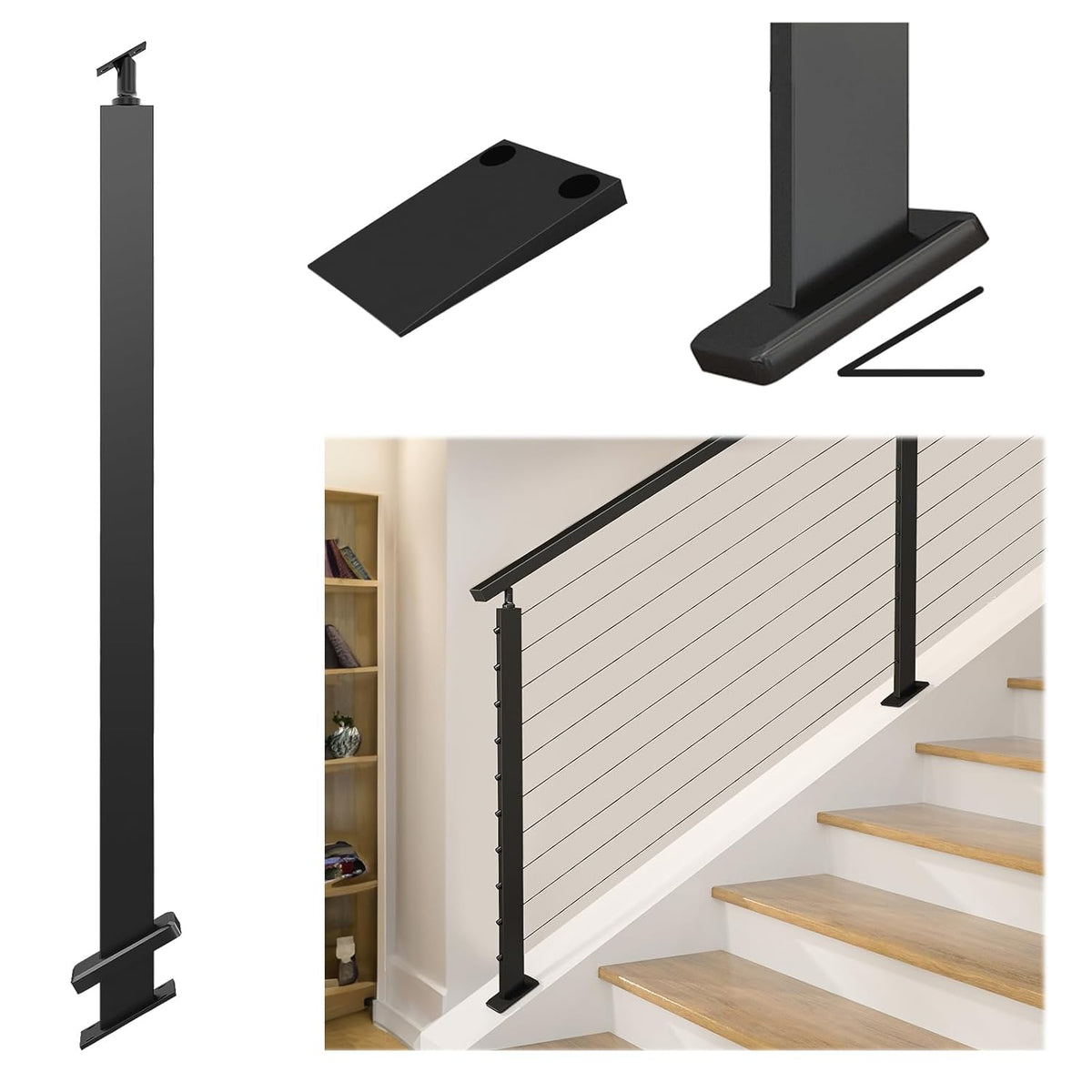 Poteau de garde-corps à câbles Muzata noir destiné à pente de 25 à 40 degrés, 36 x 1 x 2 pouces, kit de système de garde-corps à câbles en acier inoxydable T304 destiné à intérieur et extérieur