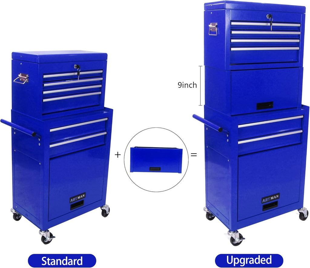 Coffre à outils roulant RYH à 6 tiroirs | Servante métallique robuste avec tiroirs à roulement à billes | Compatible avec les boîtes à outils US General pour le rangement dans le garage (Bleu, 6 tiroirs, 7,6 cm x 132 cm H × 53 cm L)
