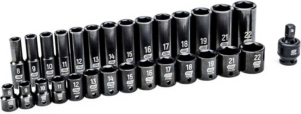 Ensemble de 29 douilles à impact 6 pans, entraînement 3/8", standard et profondes, métriques GEARWRENCH - 84925N