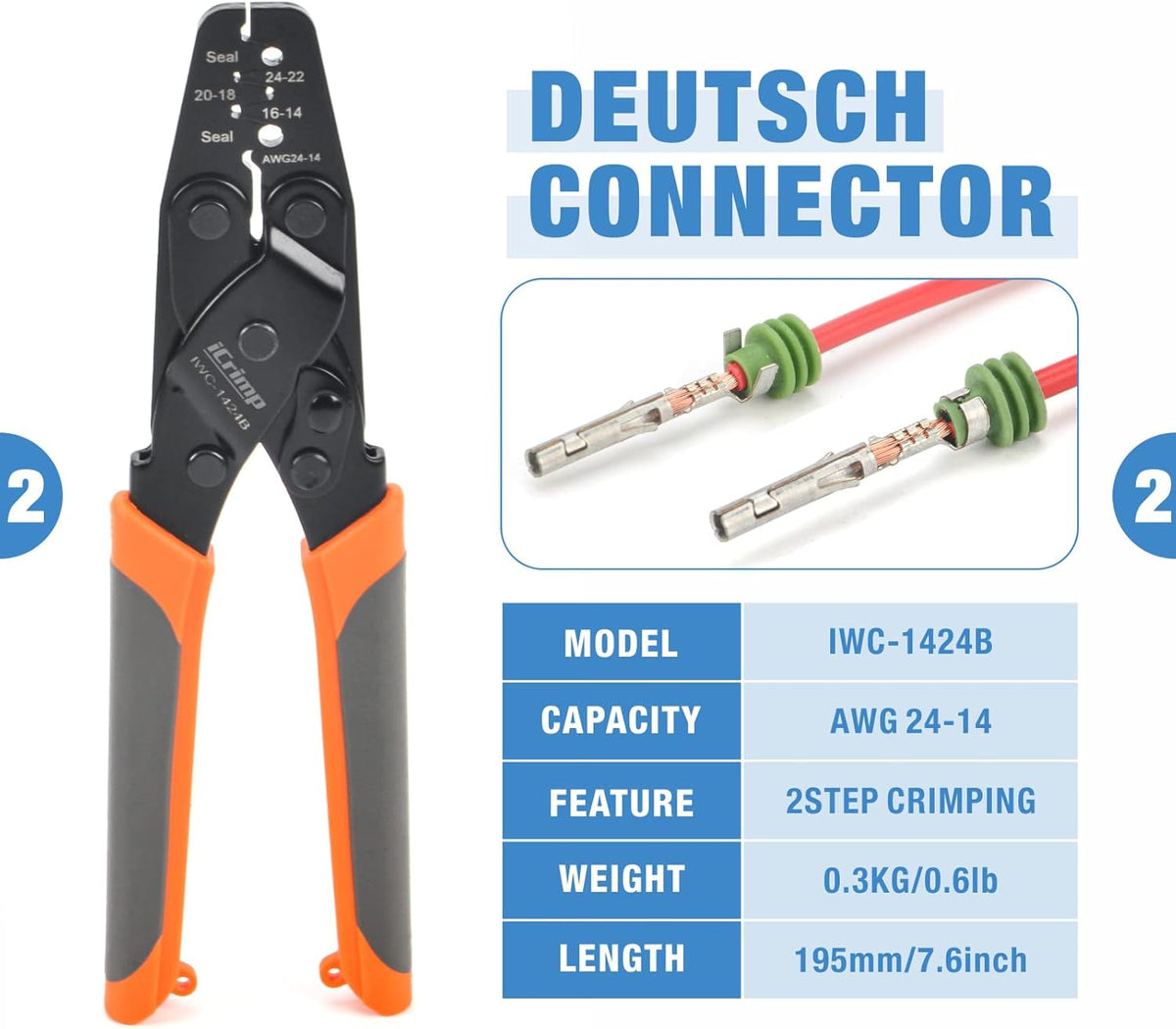ensemble d'équipements de sertissage de fils IWISS iCrimp KIT-DC02 destiné à connecteurs Deutsch et bornes Weather Pack doté de équipements d'extraction de connecteurs