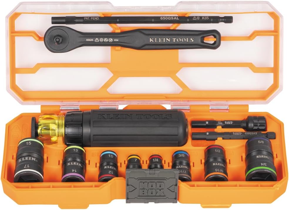 Ensemble de douilles à impact Klein Tools 65242 KNECT, jeu de tournevis à cliquet, entraînement 1/4", 4 douilles SAE et 4 douilles métriques réversibles, 16 tailles hexagonales, adaptateurs, coffret MODbox