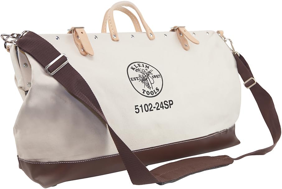 Sac à équipements de luxe Klein Tools 5102-24SP en toile naturelle de 61 cm (24 pouces) doté de 17 poches intérieures et bandoulière amovible.