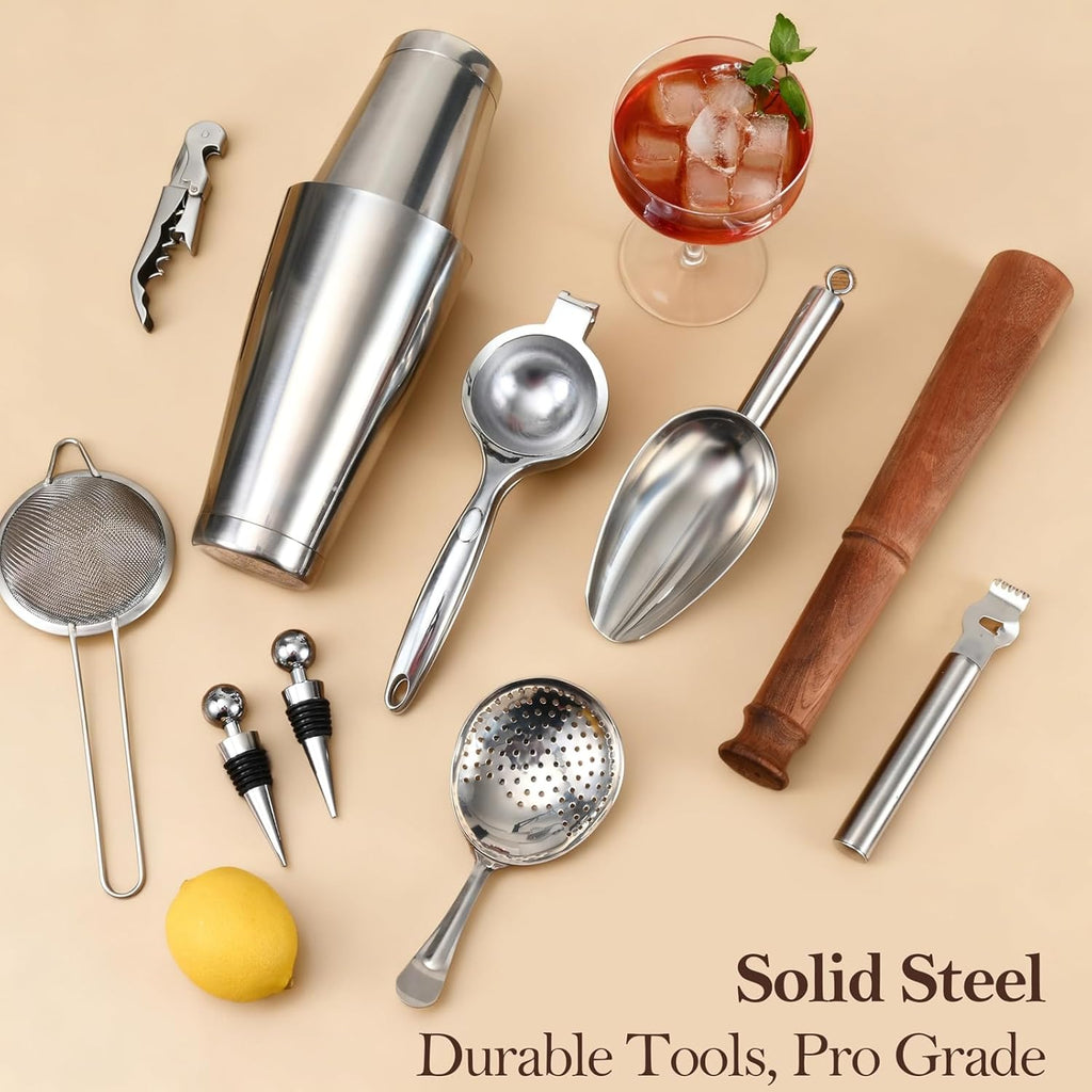 Ensemble de barman pour usage professionnel ETENS 33 pièces doté de shaker Boston lesté – Ensemble de mixologie haut de gamme destiné à bar à domicile – Ensemble d'ustensiles de bar en acier inoxydable comprenant un presse-agrumes incassable, une...