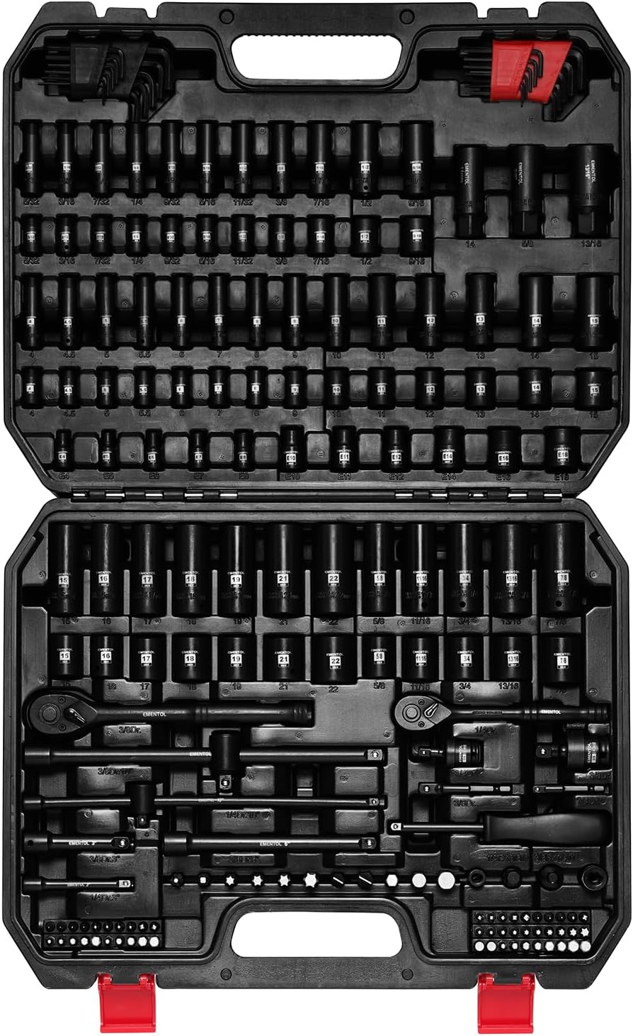 Ensemble de douilles à impact EMENTOL 189 pièces, entraînements métriques et SAE 1/4 et 3/8, acier CR-V, comprenant douilles profondes et courtes, cliquets, embouts, rallonges, douille destiné à bougies et plus encore