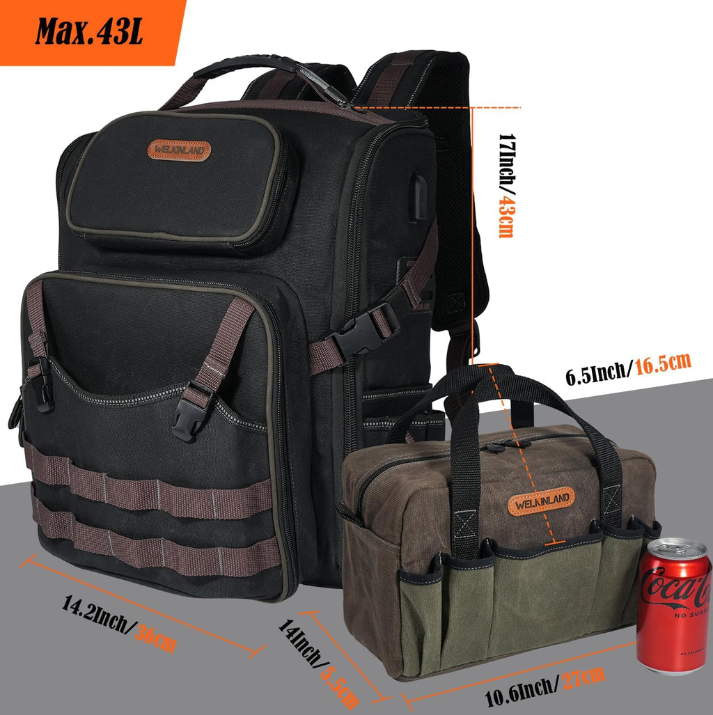 Ensemble sac à dos et trousse à équipements WELKINLAND à 60 poches destiné à électricien, sac à dos robuste destiné à CVC, sac à dos à équipements en toile cirée imperméable, sac à dos à équipements de mécanicien entièrement ouvert, sacs à dos...