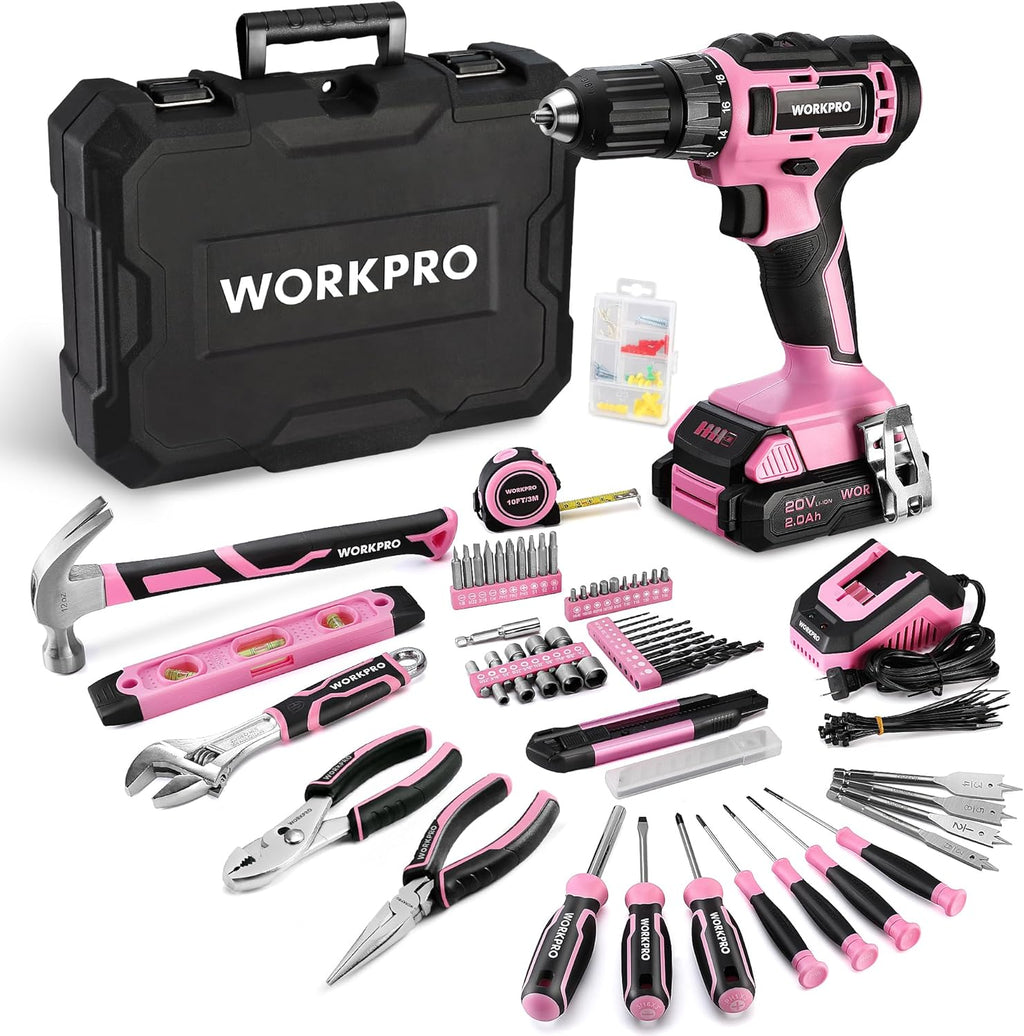 Perceuse-visseuse sans fil WORKPRO 20V rose et coffret d'outils pratiques pour la maison, kit de 141 pièces pour le bricolage et l'entretien de la maison, batterie Li-ion 2,0 Ah, chargeur rapide 1 heure et coffret à outils inclus - Ruban rose