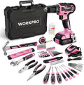 Perceuse-visseuse sans fil WORKPRO 20V rose et coffret d'outils pratiques pour la maison, kit de 141 pièces pour le bricolage et l'entretien de la maison, batterie Li-ion 2,0 Ah, chargeur rapide 1 heure et coffret à outils inclus - Ruban rose