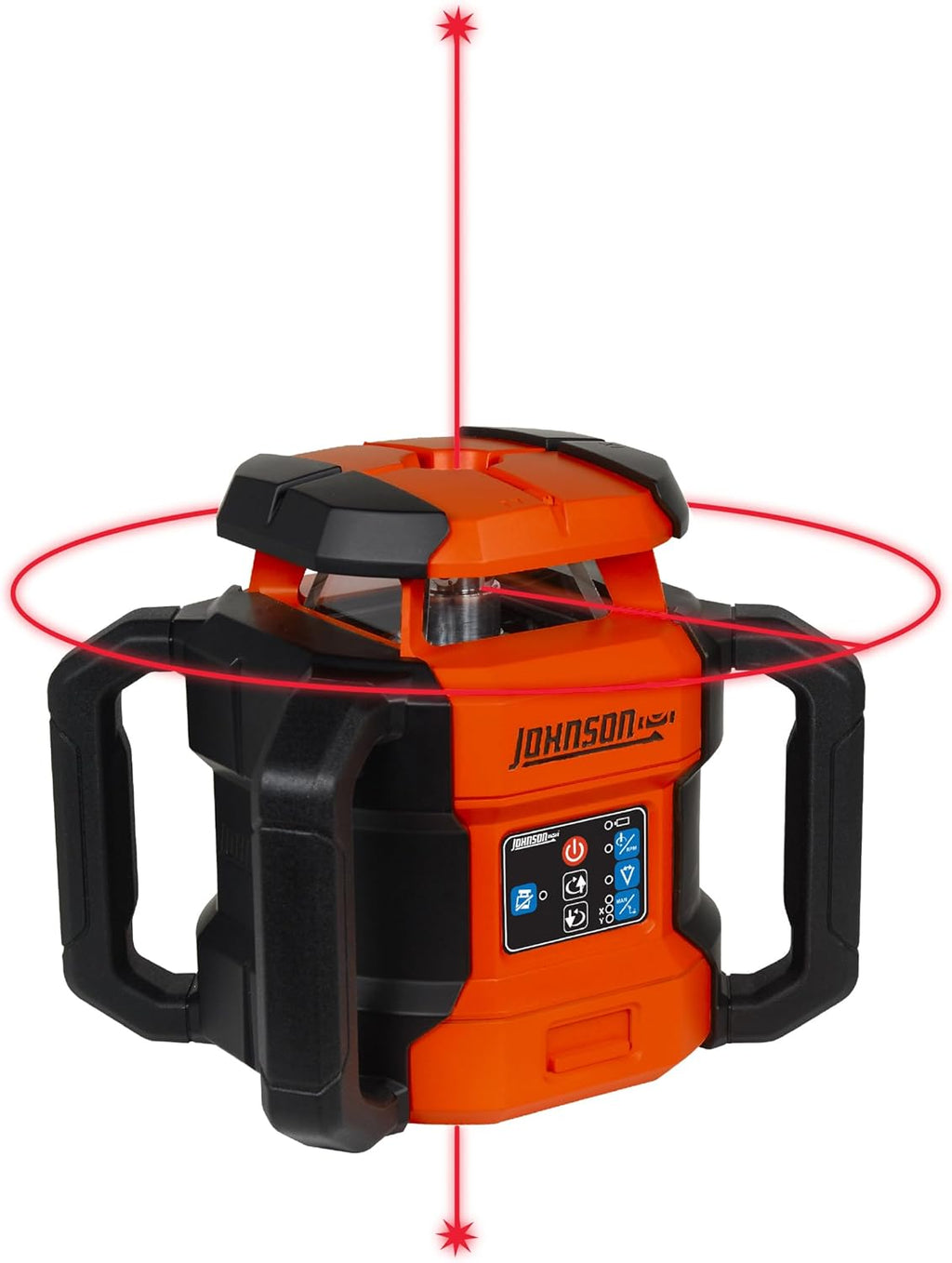 Système laser rotatif à double pente autonivelant rouge Johnson Level & Tool JRT300-RDHV-S, portée pour 1 220 m, batteries lithium-ion, cible magnétique, détecteur laser, télécommande, trépied et mire de 4 m.