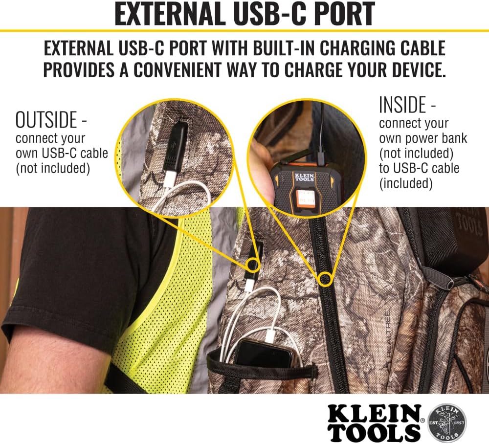 Sac à dos à équipements Klein Tools 62800BPCAMO, sac à dos de chantier Tradesman Pro extra-large à 40 poches, camouflage, doté de fond moulé et port de chargement