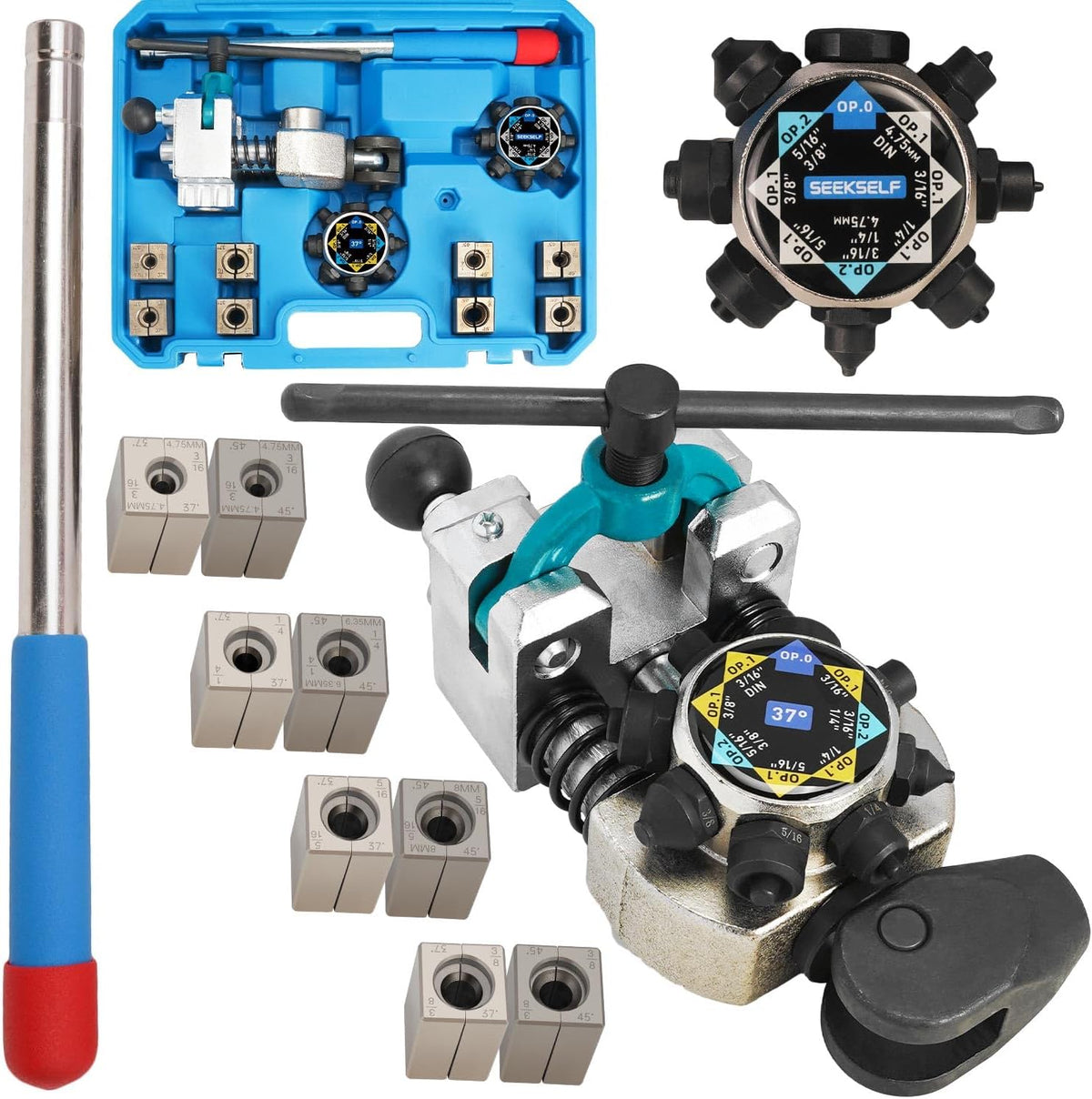 ensemble d'équipements professionnels destiné à le dudgeonnage de conduites de frein, compatible doté de les dudgeons simples, doubles et à bulle à 45° et 37°, destiné à tubes en acier et cuivre de 3/16, 1/4, 5/16, 3/8 et 4,75 mm.
