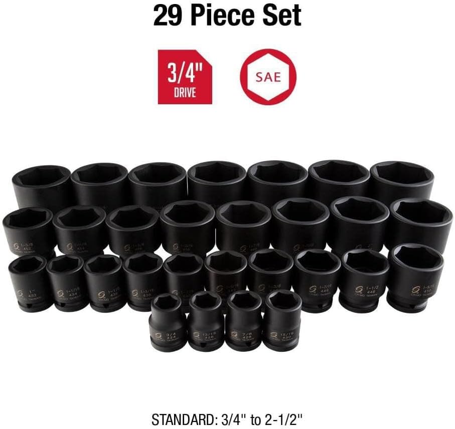 SUNEX TOOLS 4696 Ensemble de douilles à impact SAE Master Master, entraînement 3/4", standard, 6 pans, acier Cr-Mo, 3/4" - 2-7/17", 29 pièces