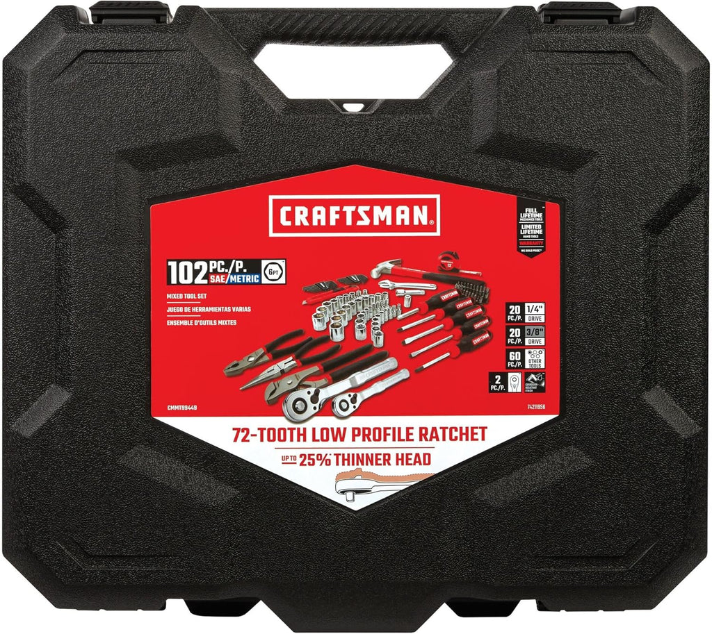 Ensemble d'équipements CRAFTSMAN 102 pièces destiné à la maison et la voiture, ensemble d'équipements à main durables doté de jeu de douilles SAE et métriques, tournevis, clé, marteau, pinces, couteau, clés hexagonales, embouts spéciaux, ruban à...