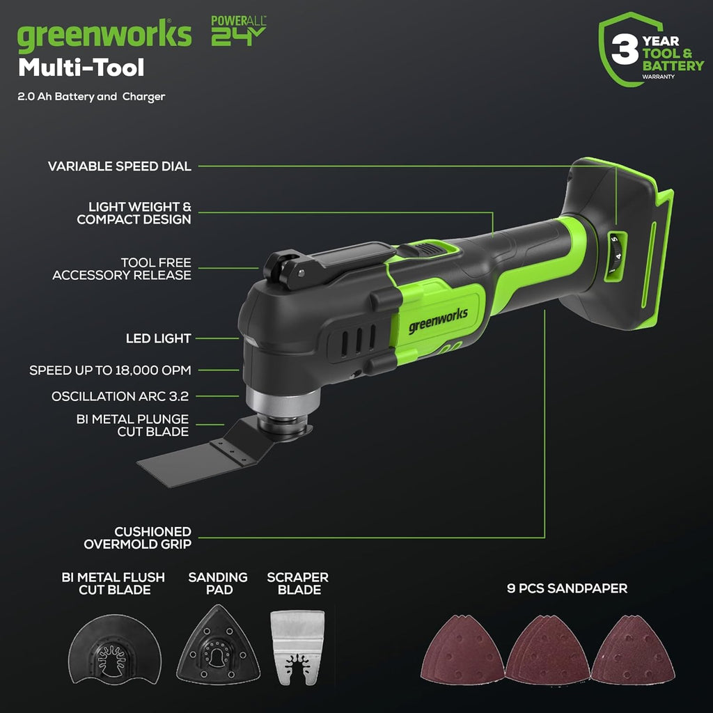 Dispositif multifonction sans fil Greenworks 24 V, outil oscillant destiné à couper, clouer, gratter et poncer, doté de 6 vitesses variables, batterie 2,0 Ah, chargeur 2 A et 13 accessoires inclus.
