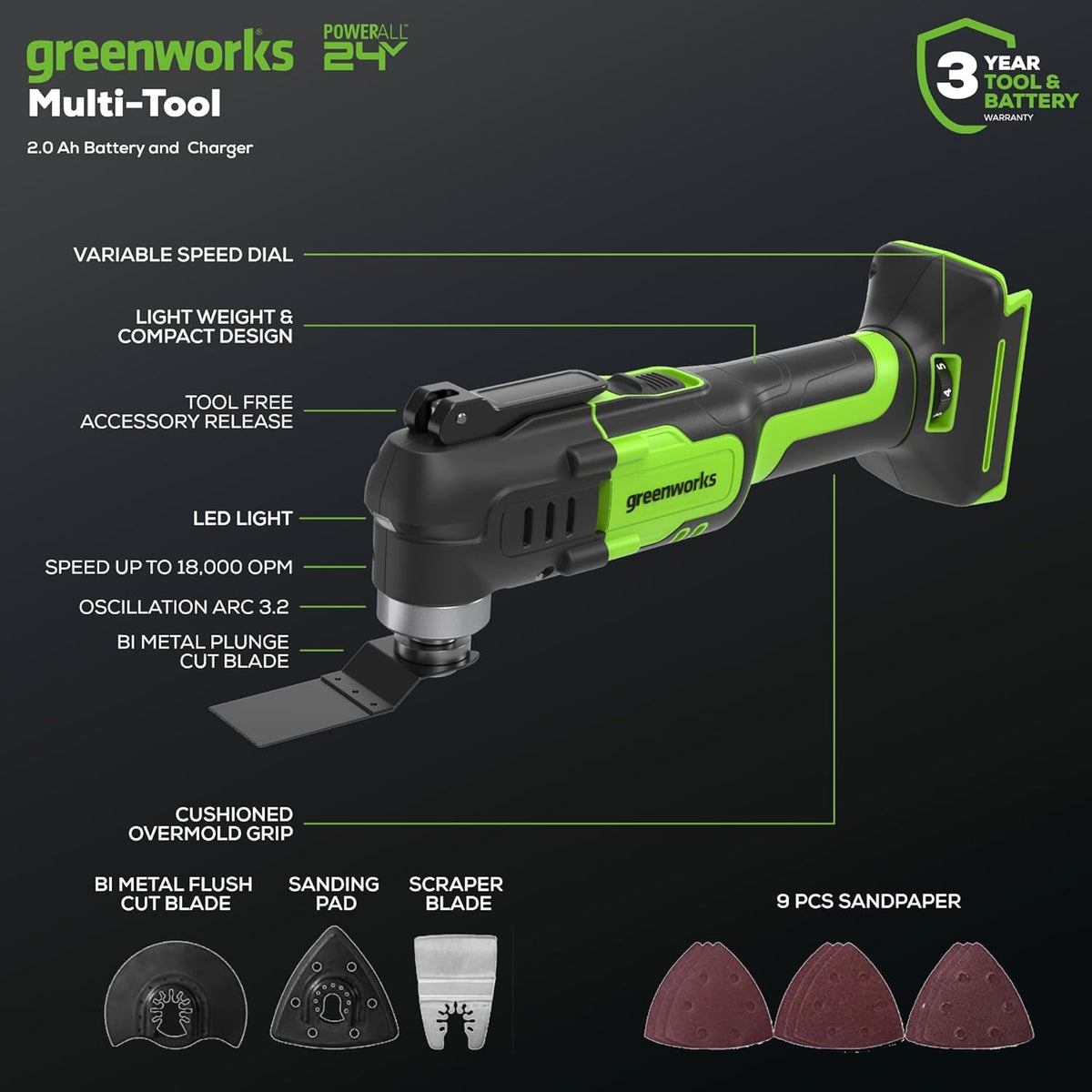 Dispositif multifonction sans fil Greenworks 24 V, outil oscillant destiné à couper, clouer, gratter et poncer, doté de 6 vitesses variables, batterie 2,0 Ah, chargeur 2 A et 13 accessoires inclus.