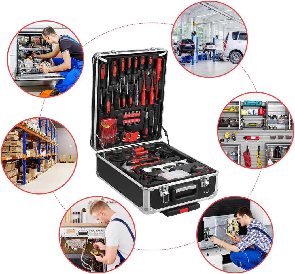Coffret d'outils pratiques de 800 pièces pour la maison avec servante d'atelier à roulettes, kit de réparation professionnel pour mécanicien, ensemble d'outils à main pour la maison avec valise trolley en aluminium pour bricoleur et particuliers.