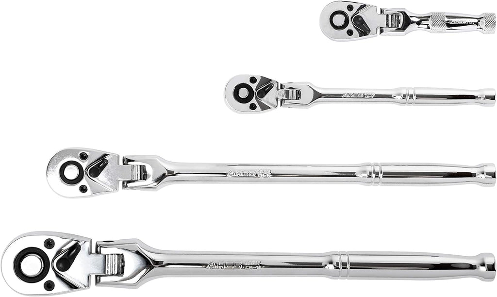 ARES 42040 - Jeu de cliquets à tête flexible - 4 cliquets 72 dents - Construction en acier au chrome-vanadium de qualité supérieure et finition chromée - Conception réversible à dégagement rapide doté de un angle de rotation de 5°