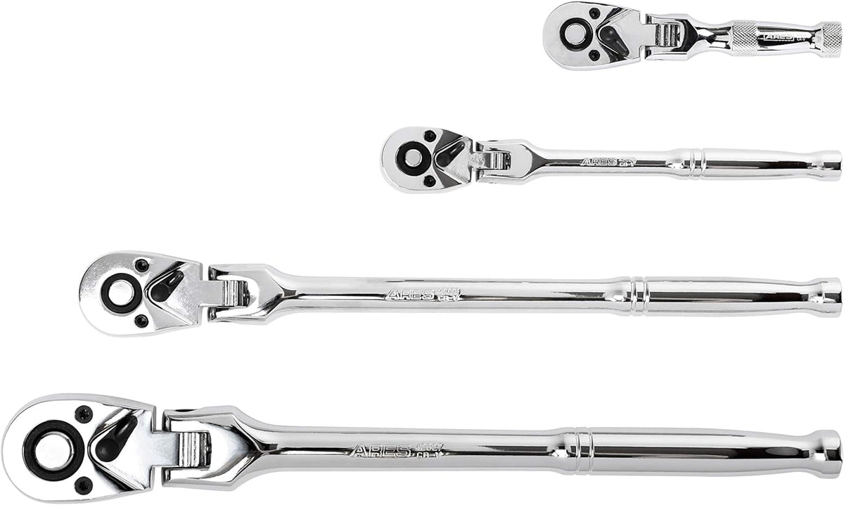 ARES 42040 - Jeu de cliquets à tête flexible - 4 cliquets 72 dents - Construction en acier au chrome-vanadium de qualité supérieure et finition chromée - Conception réversible à dégagement rapide doté de un angle de rotation de 5°