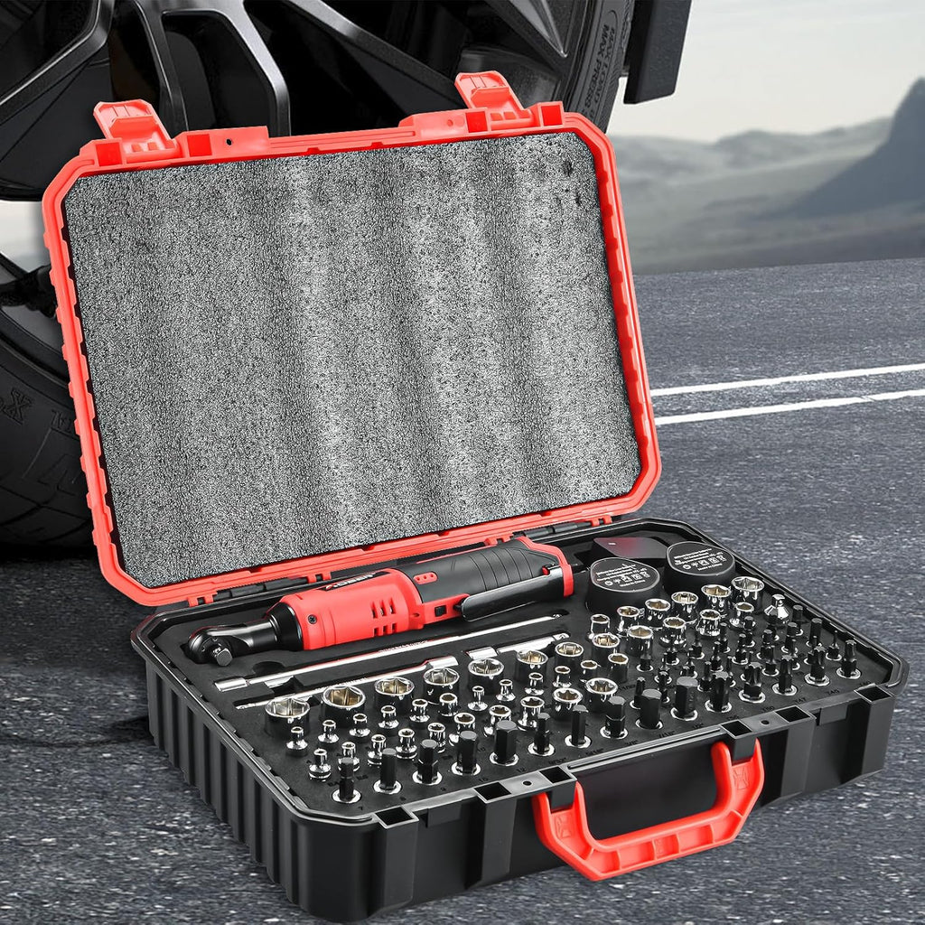 Ensemble de clé à cliquet sans fil AOBEN, cliquet 3/8, clé à cliquet électrique 40 pi-lb doté de gâchette à vitesse variable, 2 batteries lithium-ion 2000 mAh et chargeur, 83 douilles