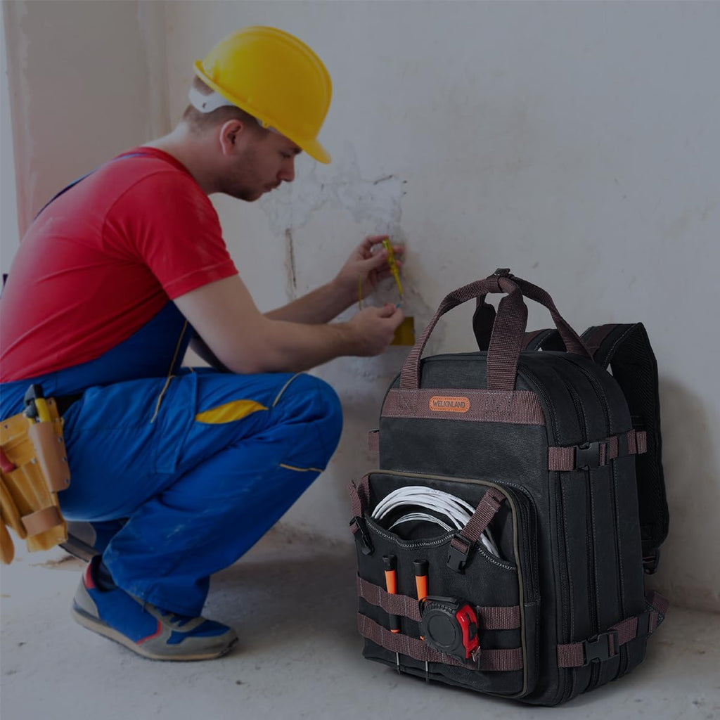 Sac à dos d'électricien WELKINLAND à 90 poches, sac à dos à équipements en toile cirée robuste et pratique doté de poches
