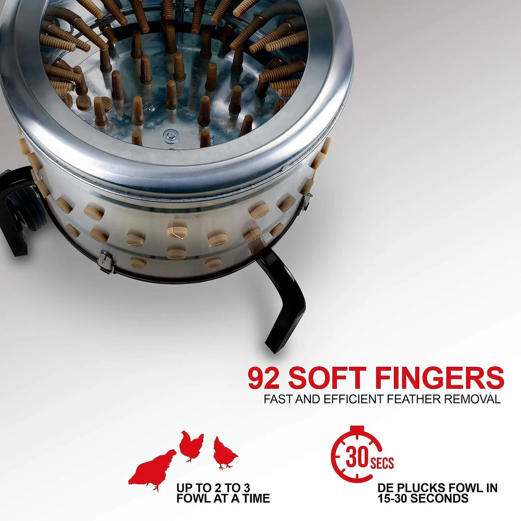 Plumeuse à poulet Kitchener, éplucheuse, robot culinaire destiné à volaille, électrique, en acier inoxydable, robuste, 1 CV, 120 V CA, 280 tr/min, prise GFCI, 92 doigts souples, diamètre du tambour : 20 pouces