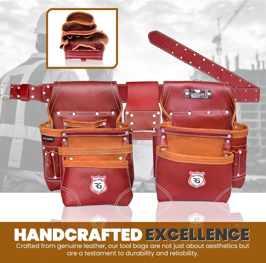 Ensemble de 11 pochettes à équipements professionnelles en cuir destiné à équipements de charpentier et d'électricien | Pochette robuste destiné à équipements de plaquiste, d'électricien et de charpentier (bordeaux, standard)