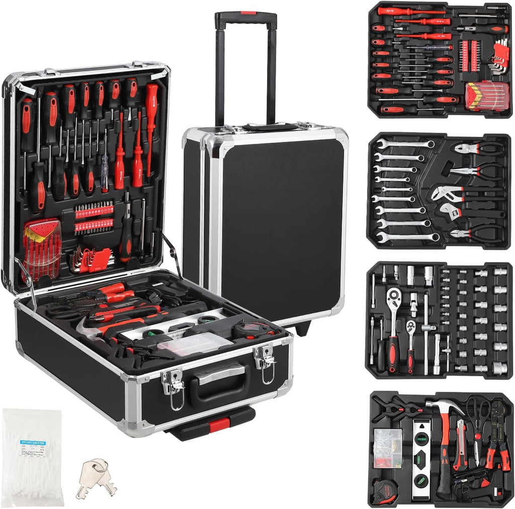 Coffret d'outils de mécanicien de 800 pièces avec valise à roulettes en aluminium, comprenant un ensemble complet de douilles et de clés, ainsi que des outils à main. Coffret à outils portable pour garage, idéale pour la réparation automobile, l'entr