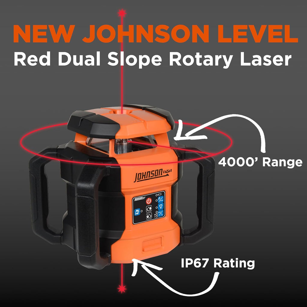 Système laser rotatif à double pente autonivelant rouge Johnson Level & Tool JRT300-RDHV-S, portée pour 1 220 m, batteries lithium-ion, cible magnétique, détecteur laser, télécommande, trépied et mire de 4 m.