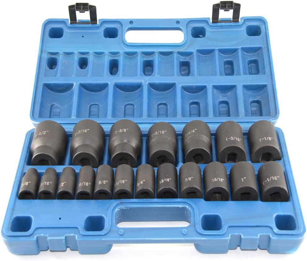 Ensemble de 19 douilles à impact MacWork, entraînement 1/2 pouce, standard/courtes, SAE, 3/8 à 1-1/2 pouce, acier allié CR-V et Cr-Mo, conception hexagonale à 6 pans arrondis.