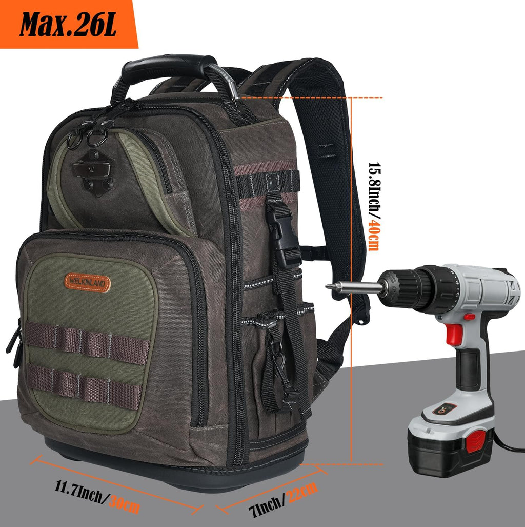 Sac à dos d'électricien WELKINLAND à 36 poches, sac à dos rigide destiné à techniciens CVC, sac à dos en toile cirée destiné à techniciens, sac à dos à équipements robuste destiné à hommes