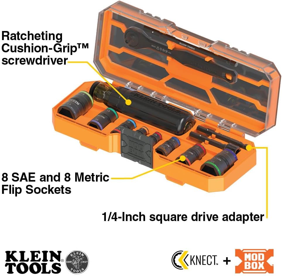 Ensemble de douilles à impact Klein Tools 65242 KNECT, jeu de tournevis à cliquet, entraînement 1/4", 4 douilles SAE et 4 douilles métriques réversibles, 16 tailles hexagonales, adaptateurs, coffret MODbox