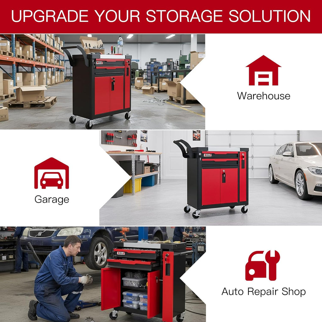 Coffre à outils à 2 tiroirs | Coffre à outils roulant avec roulettes et tiroir latéral | Tiroirs verrouillables | Servante/armoire à outils avec tiroirs pour garage et atelier | Coins arrondis pour plus de sécurité et une protection anti-collision |