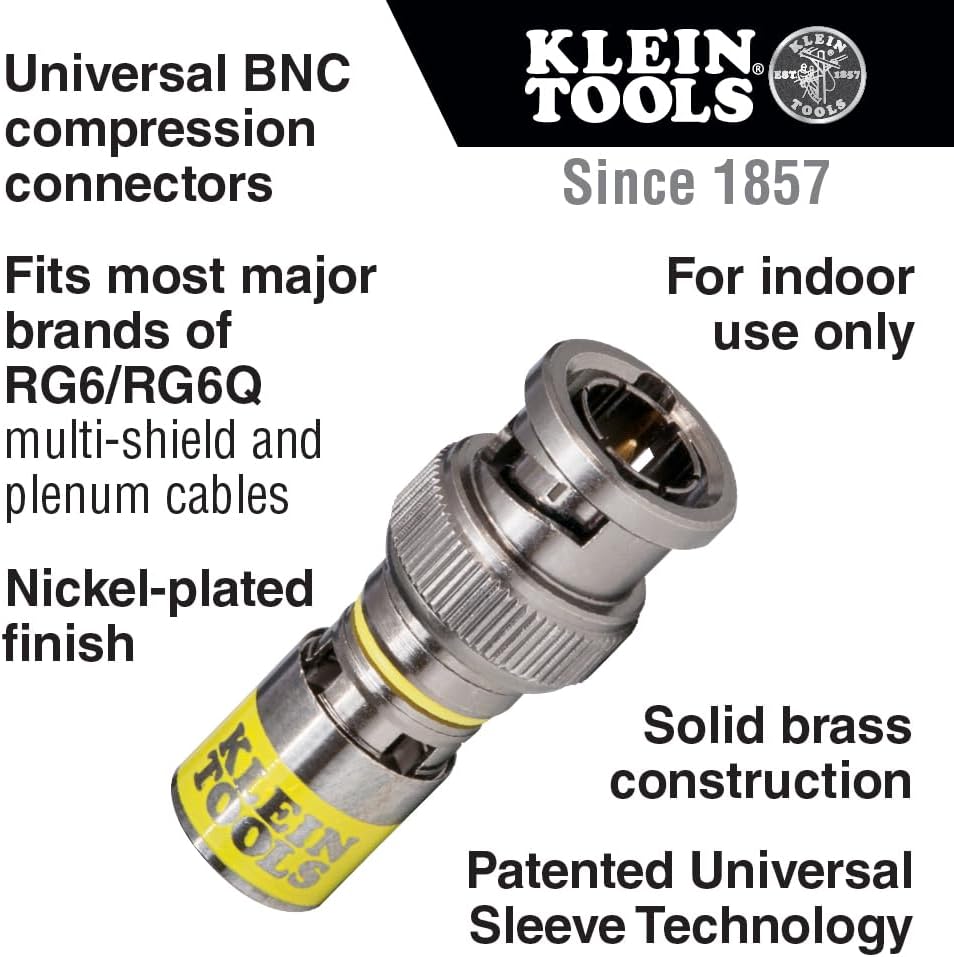 Connecteurs BNC Klein Tools VDV813-613 destiné à câbles coaxiaux RG6/6Q, connecteurs universels à compression, mâles, lot de 35