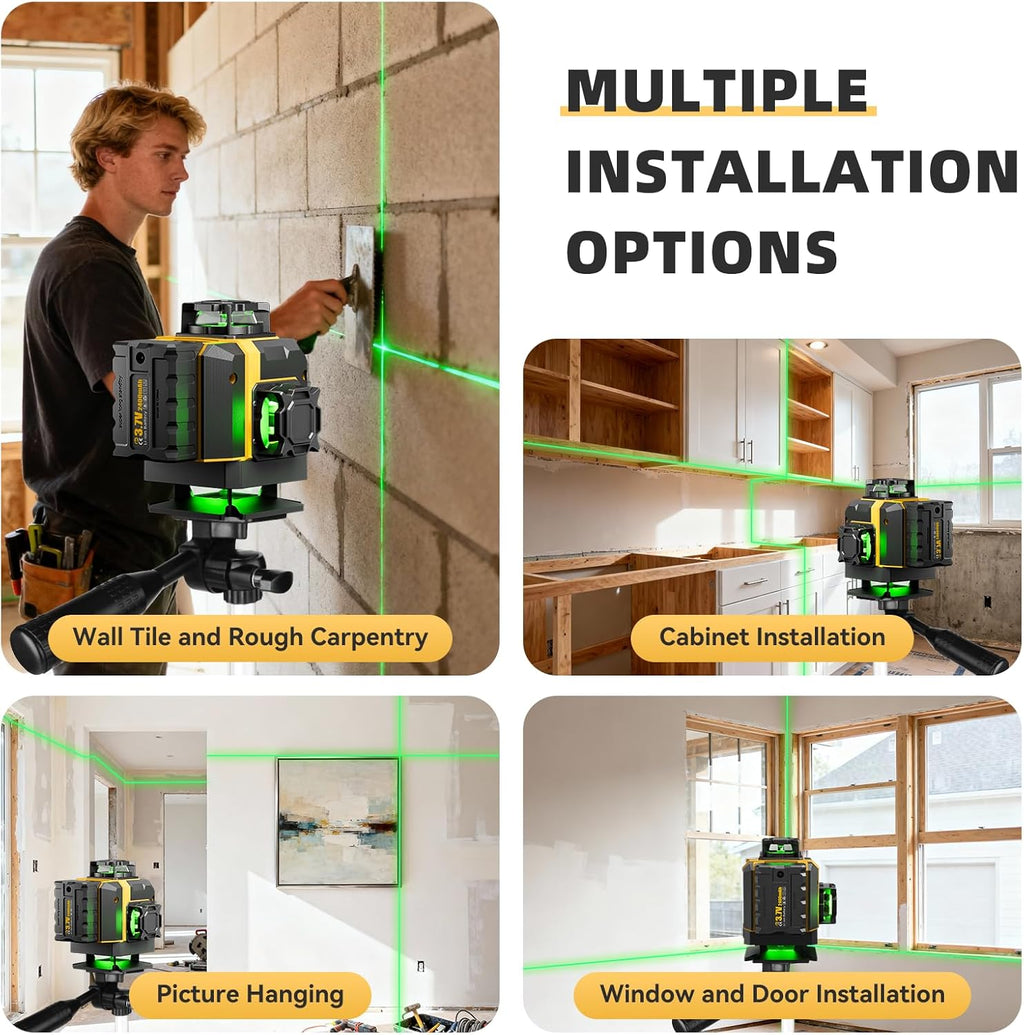 Niveau laser 16 lignes doté de trépied - Laser à lignes croisées 360° doté de trépied, niveau laser vert 4D, outil d'auto-nivellement 4x360 destiné à accrocher des tableaux, rénovation de maison, projets d'intérieur, 2 piles incluses