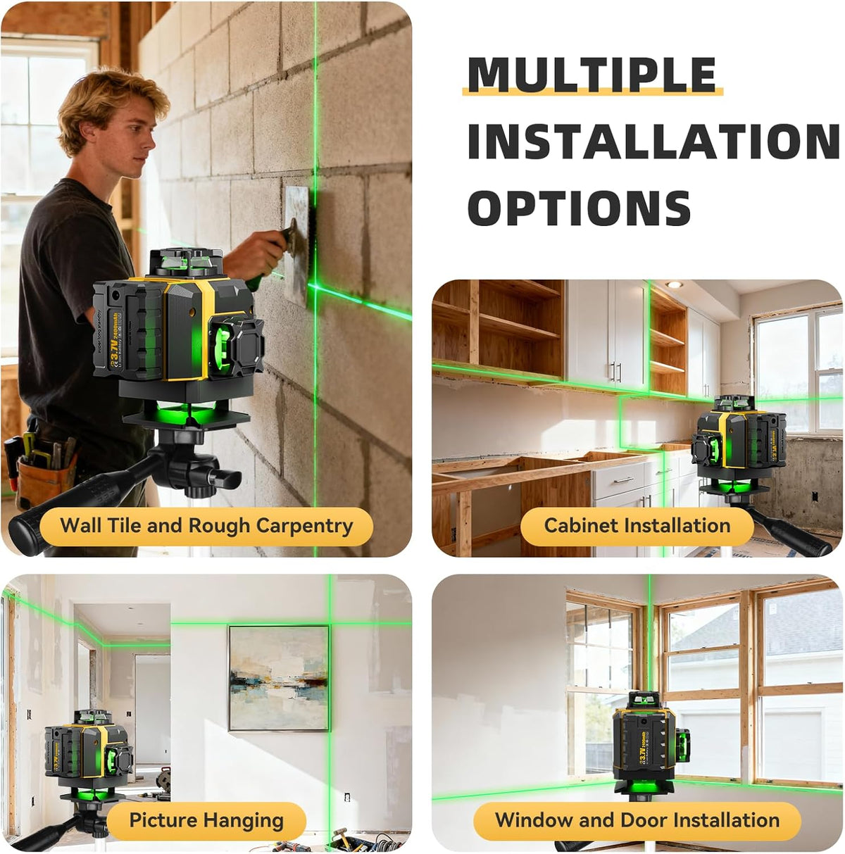 Niveau laser 16 lignes doté de trépied - Laser à lignes croisées 360° doté de trépied, niveau laser vert 4D, outil d'auto-nivellement 4x360 destiné à accrocher des tableaux, rénovation de maison, projets d'intérieur, 2 piles incluses