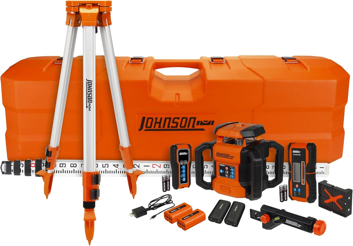 Système laser rotatif à double pente autonivelant rouge Johnson Level & Tool JRT300-RDHV-S, portée pour 1 220 m, batteries lithium-ion, cible magnétique, détecteur laser, télécommande, trépied et mire de 4 m.