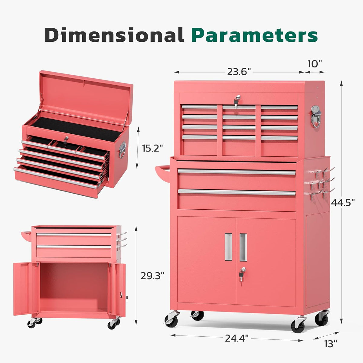 Coffre à outils Greenvelly, coffre à outils roulant à 8 tiroirs avec roulettes, compartiment supérieur amovible, livré assemblé avec doublure et crochets, idéal pour garage, atelier ou entrepôt, rose. – Pratique