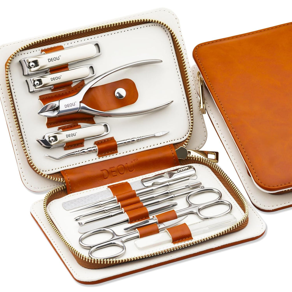 DEOU Ensemble de manucure pour usage professionnel 13 pièces destiné à femmes, en acier inoxydable, doté de trousse de voyage portable de luxe (cadeau).